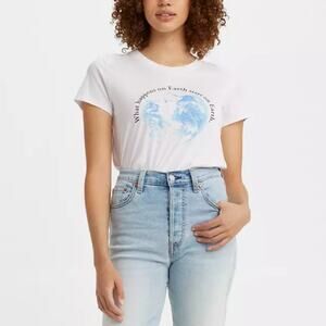 Levi's Shirt White Cotton Graphic Cropped Tee WMNS Large Short Sleeve Crew Neck